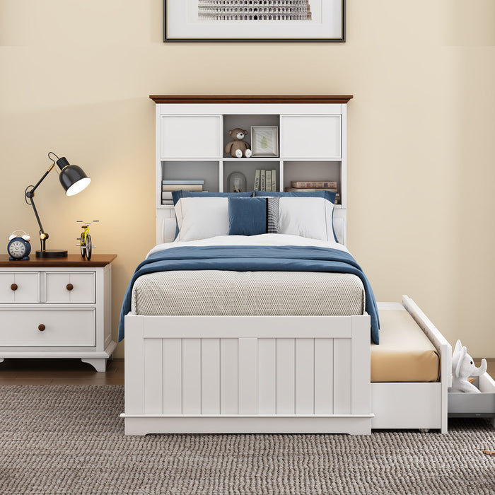 2 Pieces Wooden Captain Bedroom Set Twin Bed With Trundle And Nightstand, White / Walnut
