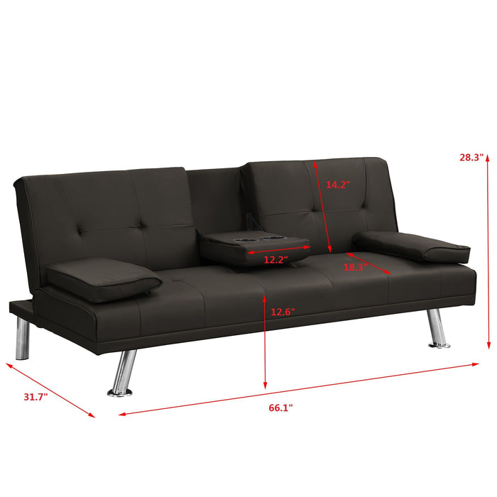 Sofa Bed With Armrest Two Holders Wood Frame, Stainless Leg, Futon Brown Pvc, Dark Brown