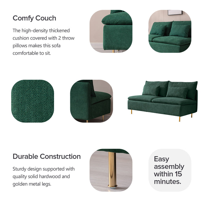 Modern Armless Loveseat Couch, Armless Settee Bench, Emerald Cotton Linen