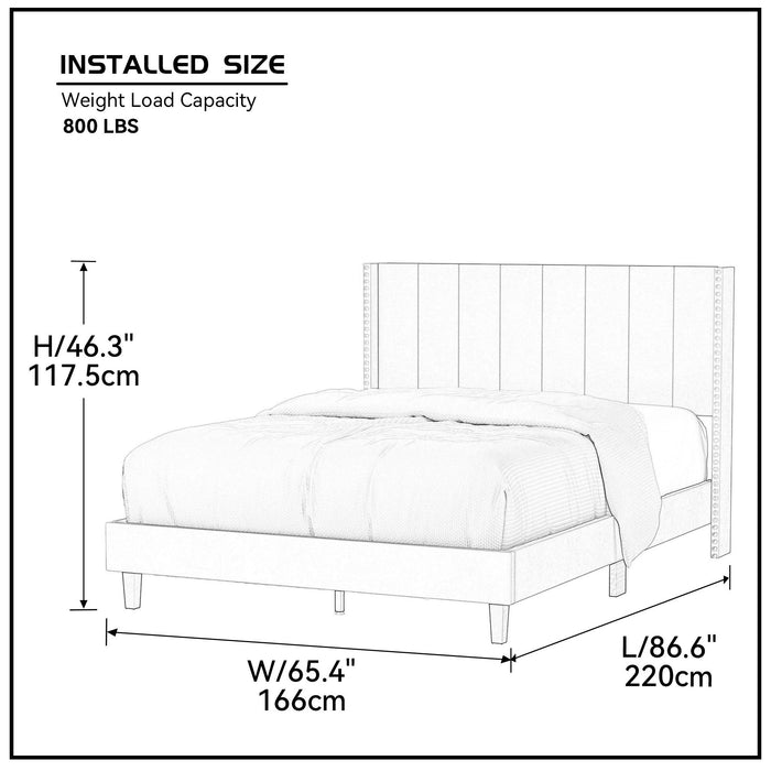 Queen Bed Frame / Velvet Upholstered Bed Frame With Vertical Channel Tufted Headboard Beige