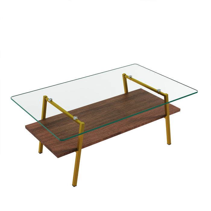 Rectangle Coffee Table, Tempered Glass Tabletop With Gold Metal Legs, Modern Table For Living Room, Transparent Glass