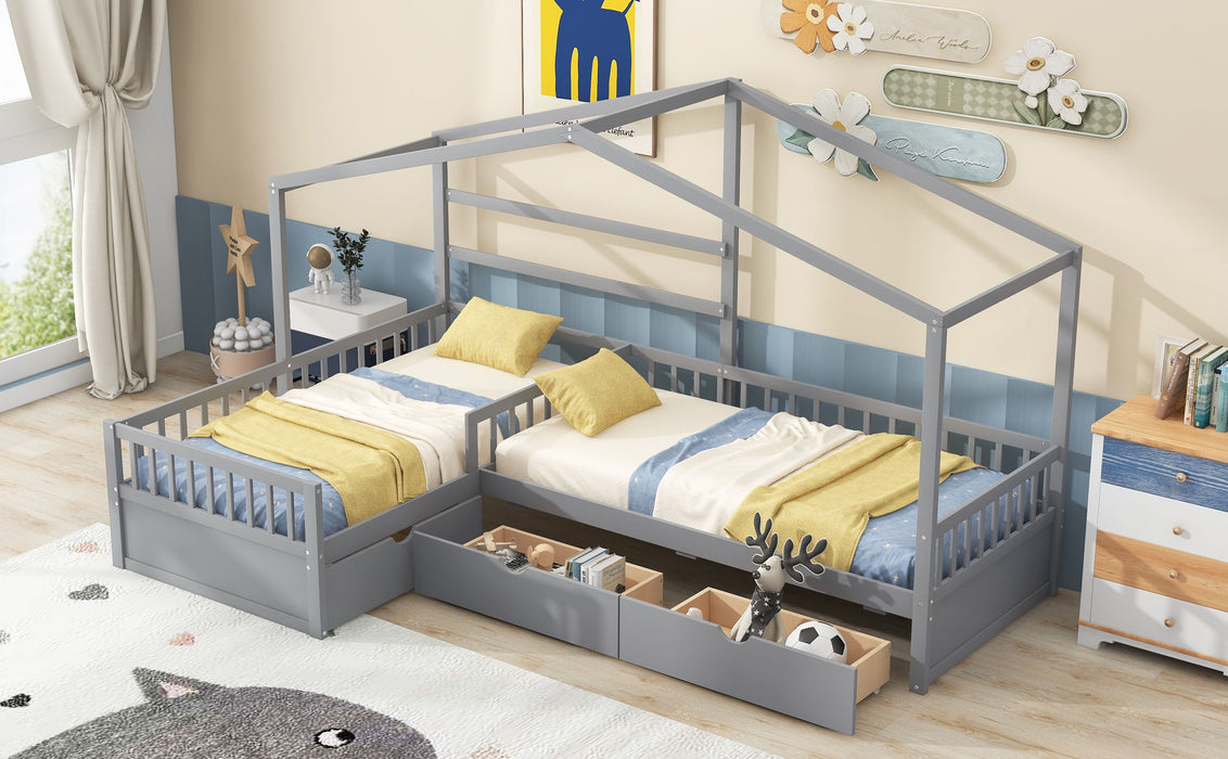 Twin Size House Platform Bed With Three Storage Drawers, Gray