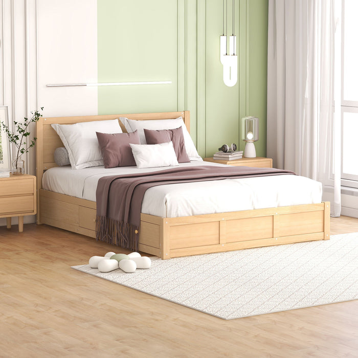 Queen Size Wood Platform Bed With Underneath Storage And 2 Drawers - Wood Color