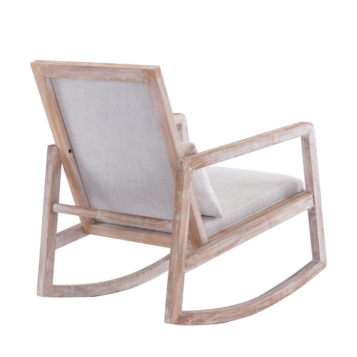 Solid Wood Linen Fabric Antique White Wash Painting Rocking Chair With Removable LumBar Pillow - Beige