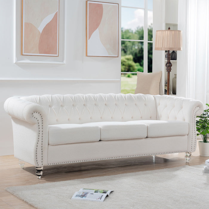 84.65" Rolled Arm Chesterfield 3 Seater Sofa - Snow White