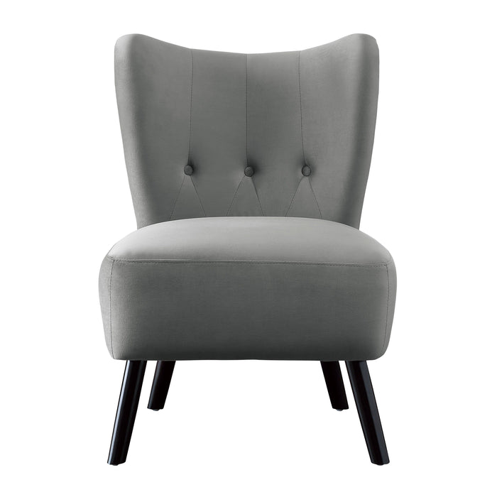Unique Style Gray Velvet Covering Accent Chair Button Tufted Back Brown Finish Wood Legs Modern Home Furniture