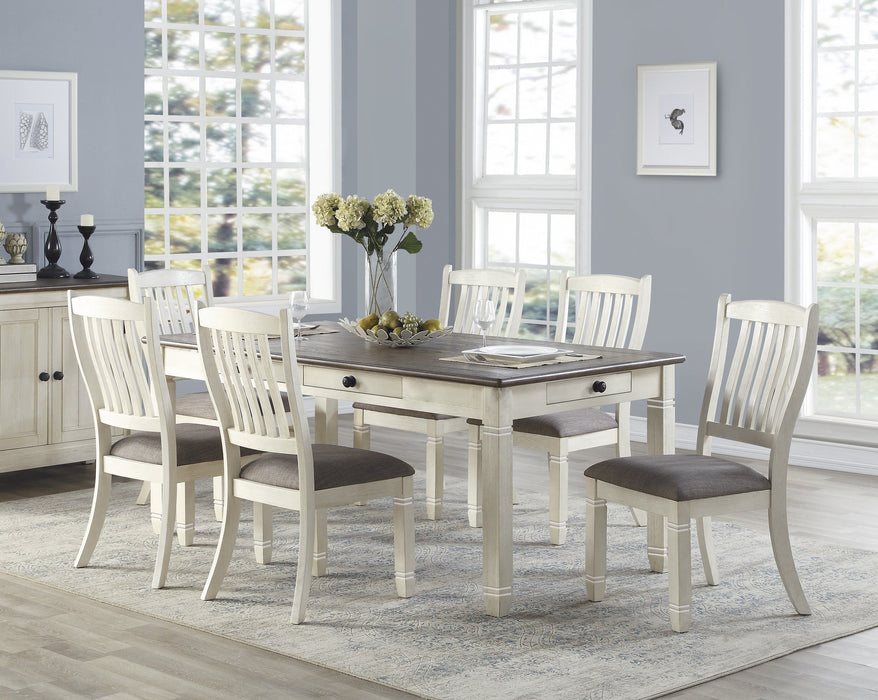 Antique White Finish Dining 8 Pieces Set Table With 6 Drawers And 6 Side Chairs Upholstered Seats Casual Style Dining Room Furniture