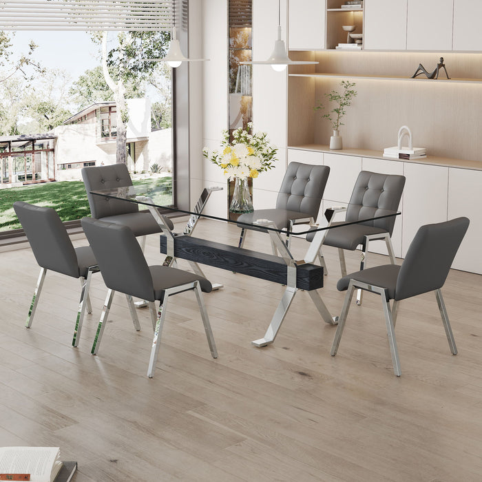 Table And Chair Set, Suitable For Home And Office Use Glass Desktop With Silver Metal Legs And MDF Crossbar, Paired With Grey Checkered Armless High Back Dining Chairs (1 Table And 6 Chairs)