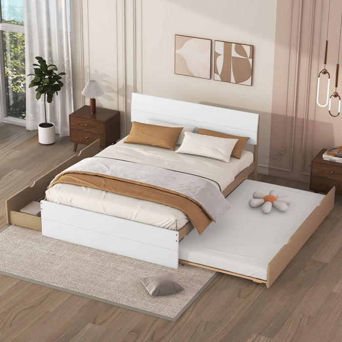Modern Full Bed Frame With Twin Size Trundle And 2 Drawers For White High Gloss With Light Oak Color