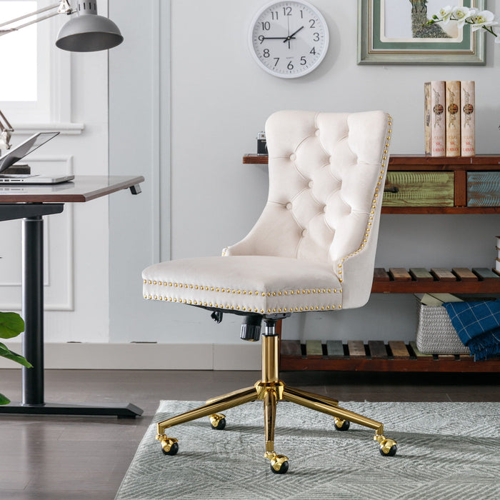 A&A Furniture Office Chair, Upholstered Tufted Button Home Office Chair With Golden Metal Base, Adjustable Desk Chair Swivel Office Chair Beige