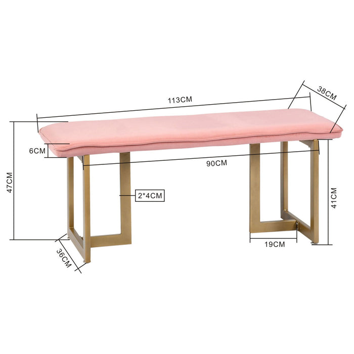Set Of 1 Upholstered Velvet Bench 44.5" X 15" D X 18.5" H, Golden Powder Coating Legs - Pink