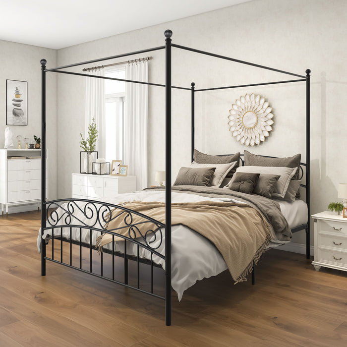 Queen Size Metal Canopy Bed Frame With Headboard And Footboard Black