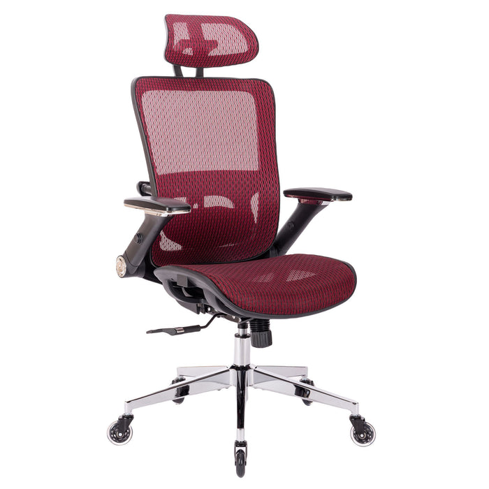 Red Ergonomic Mes Height Office Chair, High Back - Adjustable Headrest With Flip-Up Arms, Tilt And Lock Function, Lumbar Support And Blade Wheels, Kd Chrome Metal Legs