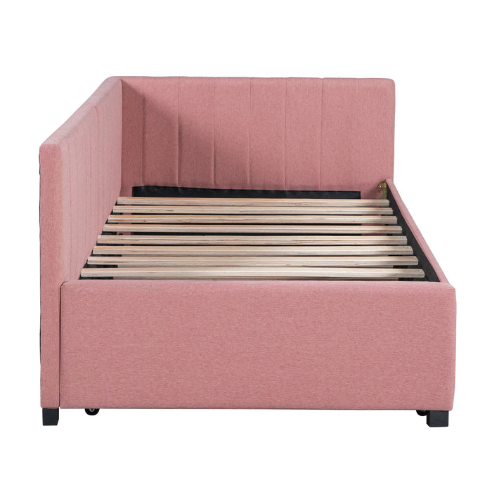 Upholstered Daybed With Trundle Twin Size Sofa Bed Frame No Box Spring Needed, Linen Fabric (Pink)