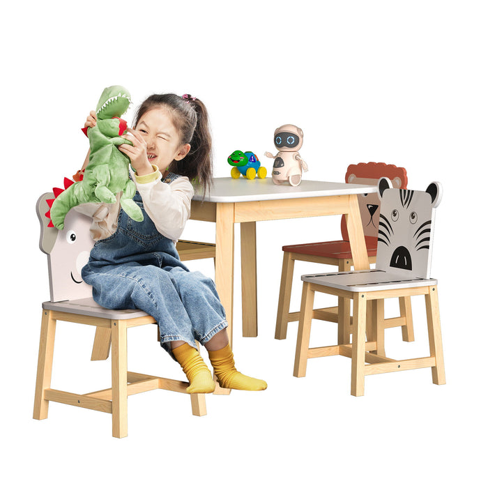 5 Piece Kiddy Table And Chair Set, Kids Wood Table With 4 Chairs Set Cartoon Animals (Bigger Table), 3 - 8 Years Old