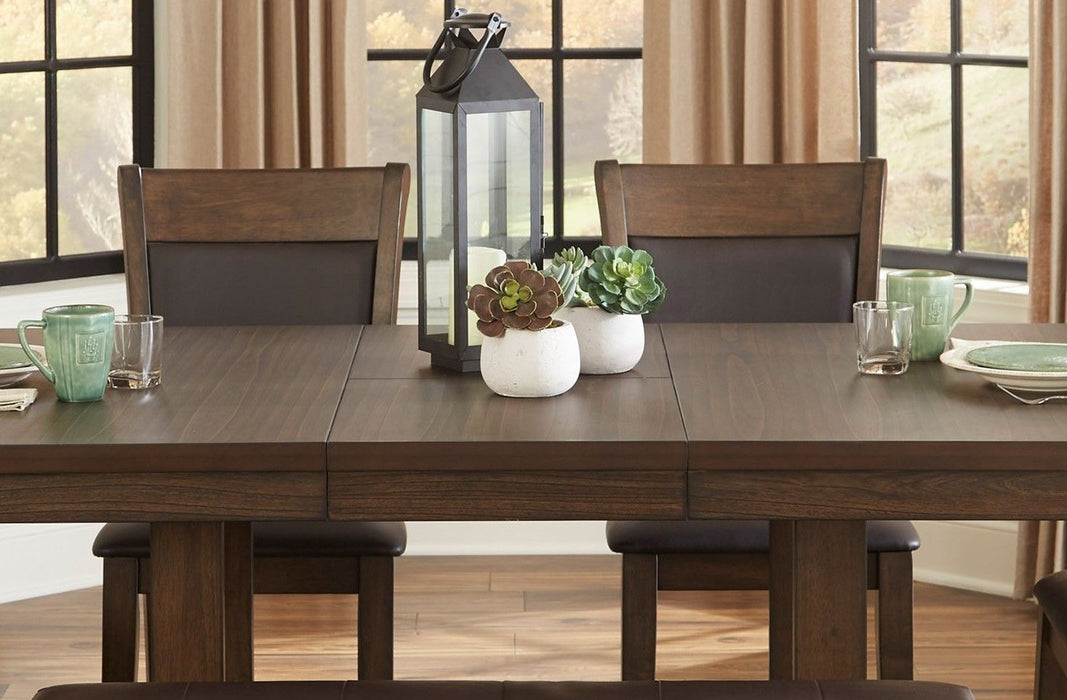 Transitional 6 Pieces Dining Set Table With Self-Storing Leaf Bench Upholstered 4 Side Chairs Light Rustic Brown Finish Dining Room Furniture