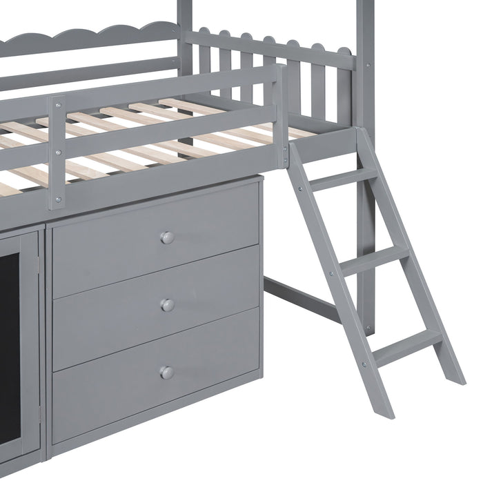 Twin Size House Bed With Cabinet And Drawers, Gray
