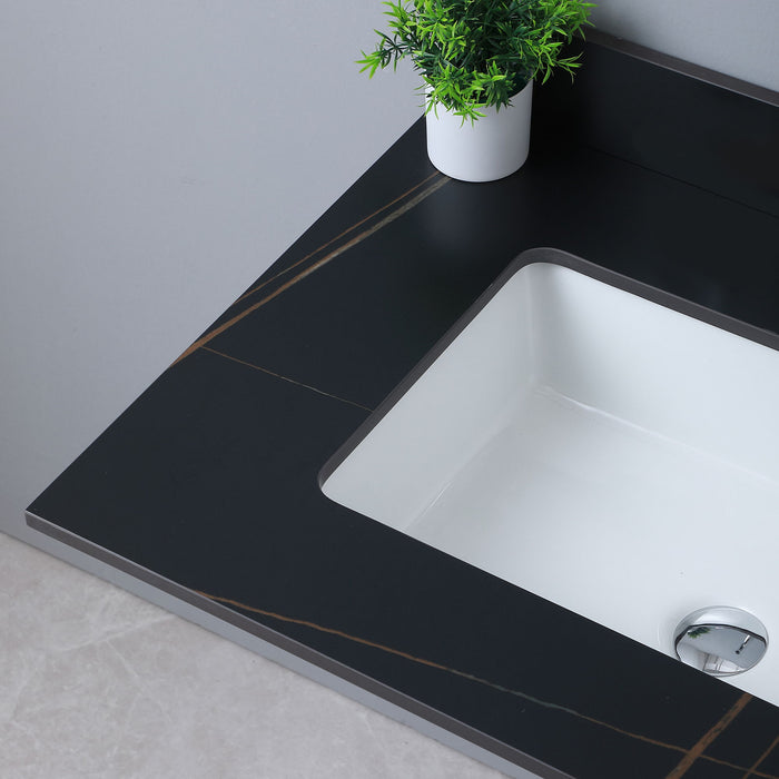 Montary 31" Sintered Stone Bathroom Vanity Top Black Gold Color With Undermount Ceramic Sink And Single Faucet Hole With Backsplash