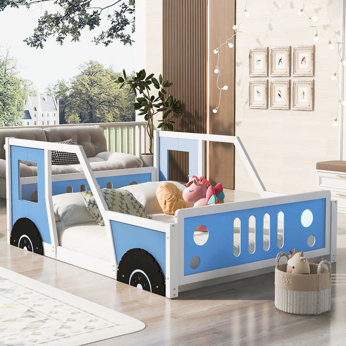 Full Size Classic Car-Shaped Platform Bed With Wheels, Blue