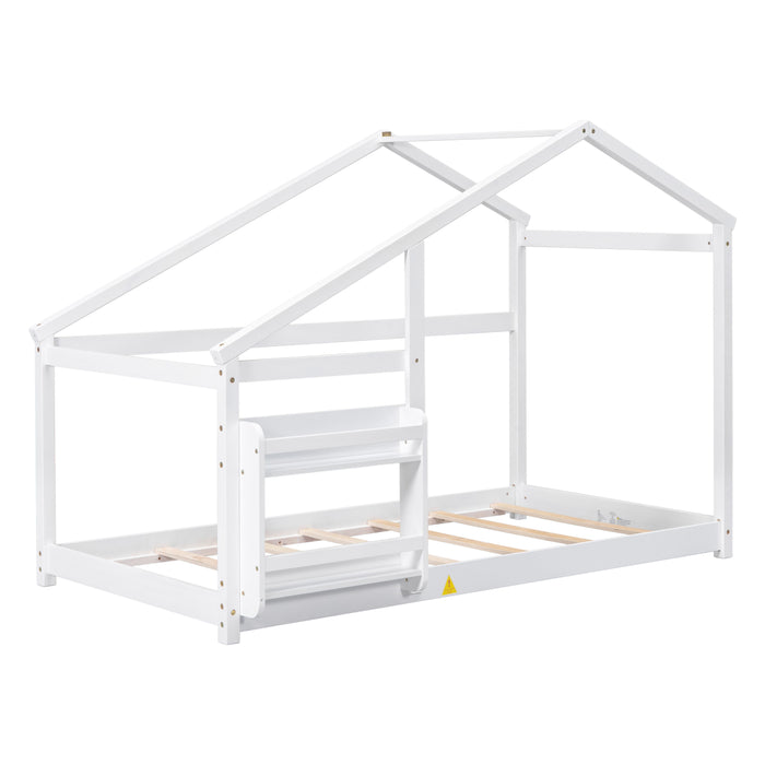 House Twin Bed With Shelf - White