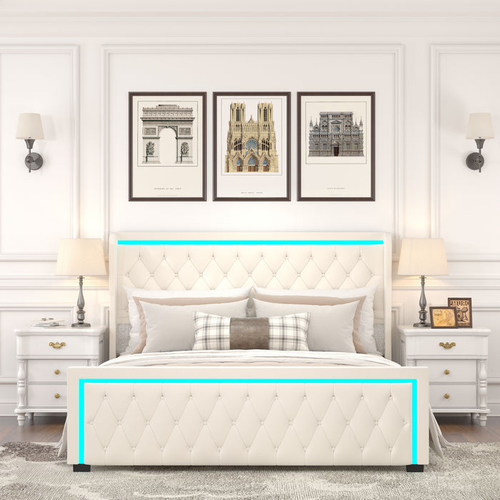 Queen Platform Bed Frame With High Headboard, Velvet Upholstered Bed With Deep Tufted Buttons, Adjustable Colorful Led Light Decorative Headboard, Wide Wingbacks, Beige