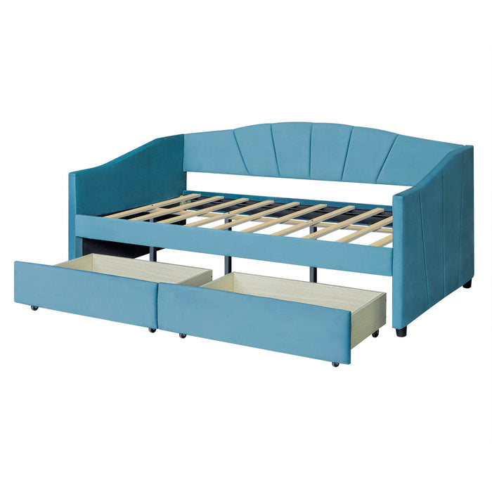 Upholstered Daybed Twin Size With Two Drawers And Wood Slat, Blue