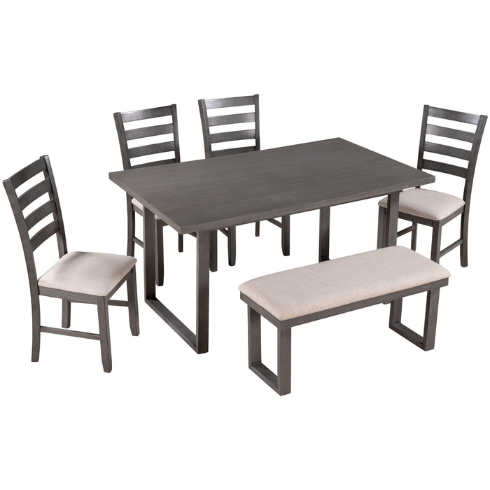 Trexm 6 Pieces Family Furniture, Solid Wood Dining Room Set With Rectangular Table & 4 Chairs With Bench - (Gray)