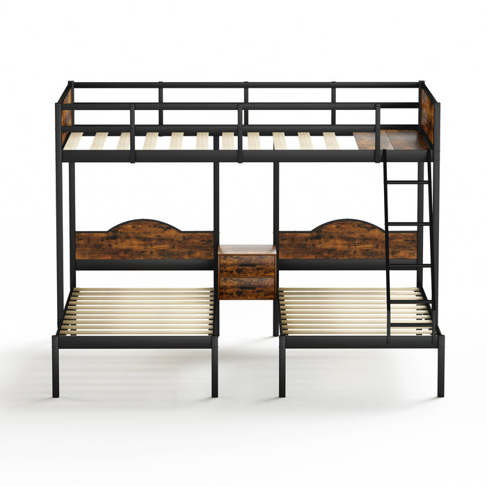 Full Over Twin & Twin Bunk Bed Metal Triple Bed With Nightstand And Guardrails Black & Brown