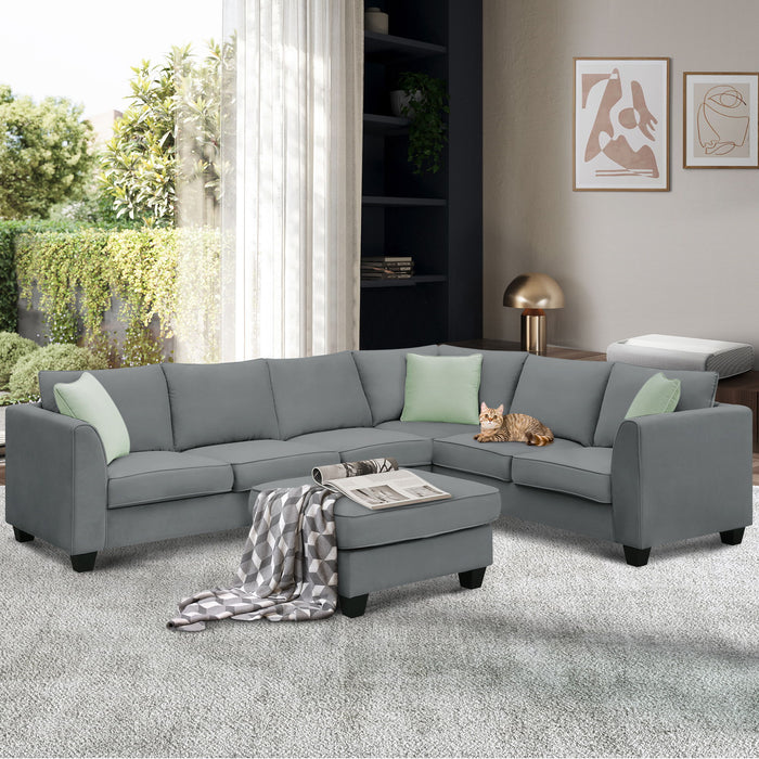Sectional Sofa Couches Living Room Sets, 7 Seats Modular Sectional Sofa With Ottoman, L Shape Fabric Sofa Corner Couch Set With 3 Pillows, Grey