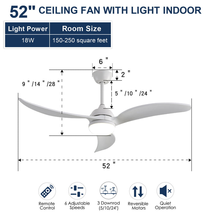 Indoor Ceiling Fan With Dimmable LED Light 3 Solid Wood Blades Remote Control Reversible Dc Motor White For Living Room - White