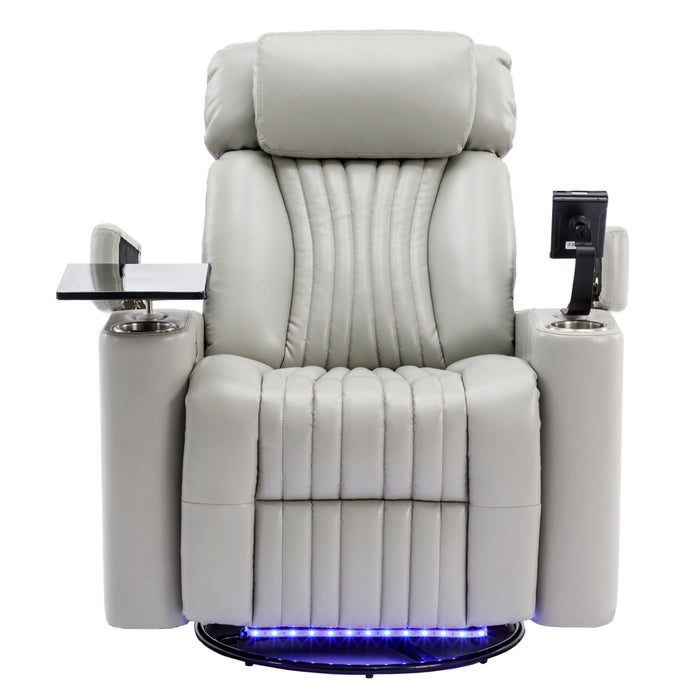 270° Power Swivel Recliner, Home Theater Seating With Hidden Arm Storage And Led Light Strip, Cup Holder, 360° Swivel Tray Table, And Cell Phone Holder, Soft Living Room Chair, Gray