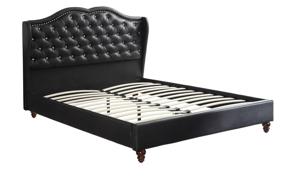 Queen Size Bed 1 Piece Bed Set Black Faux Leather Upholstered Wingback Design Bed Frame Headboard Bedroom Furniture Tufted Upholstered