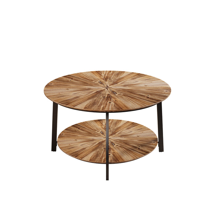 Round Coffee Table, Stand Wooden Double Layer Coffee Table With Open Storage Space And Metal Table Legs For Living Room, Bedroom