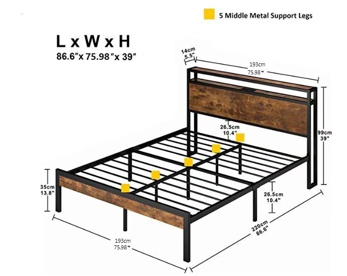 King Size Metal Platform Bed Frame With Wooden Headboard And Footboard With USB Liner, Led Lights, No Box Spring Needed, Large Under Bed Storage, Easy Assemble