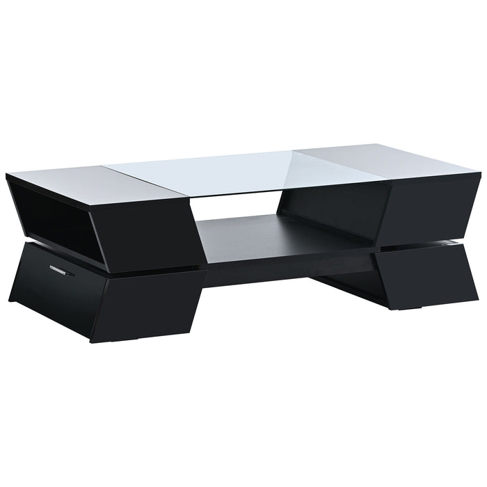 On-Trend 6Mm Glass-Top Coffee Table With Open Shelves And Cabinets, Geometric Style Cocktail Table With Great Storage Capacity, Modernist 2-Tier Center Table For Living Room, Black