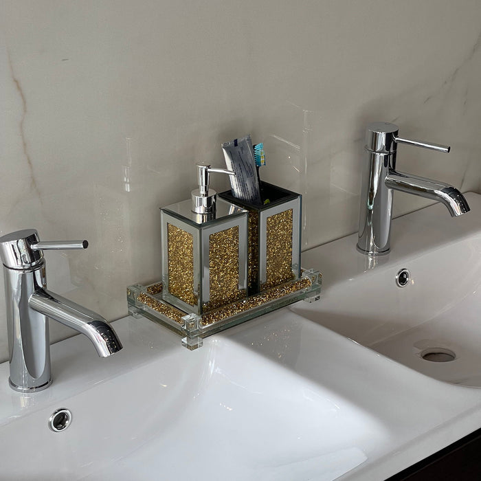 Ambrose Exquisite 3 Piece Square Soap Dispenser And Toothbrush Holder With Tray - Gold