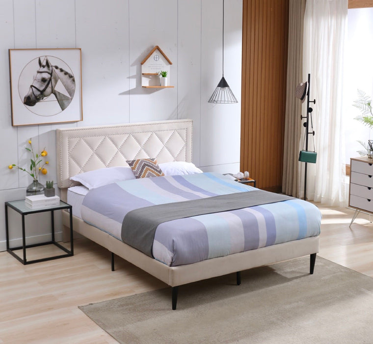 Modern Curved Upholstered Bed, Nailhead Trim (Queen)