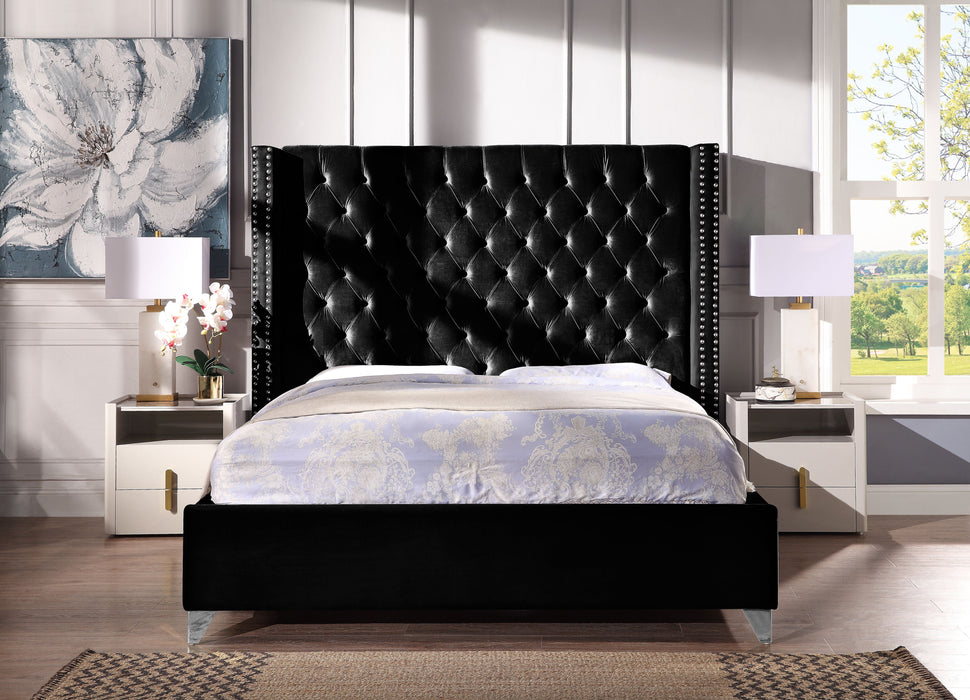 Contemporary Velvet Upholstered Bed With Deep Button Tufting, Solid Wood Frame, High - Density Foam, Silver Metal Leg, King Size - Black
