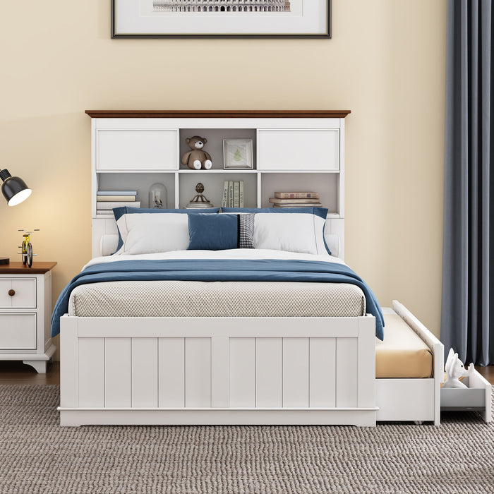 2 Pieces Wooden Captain Bedroom Set Full Bed With Trundle And Nightstand, White / Walnut