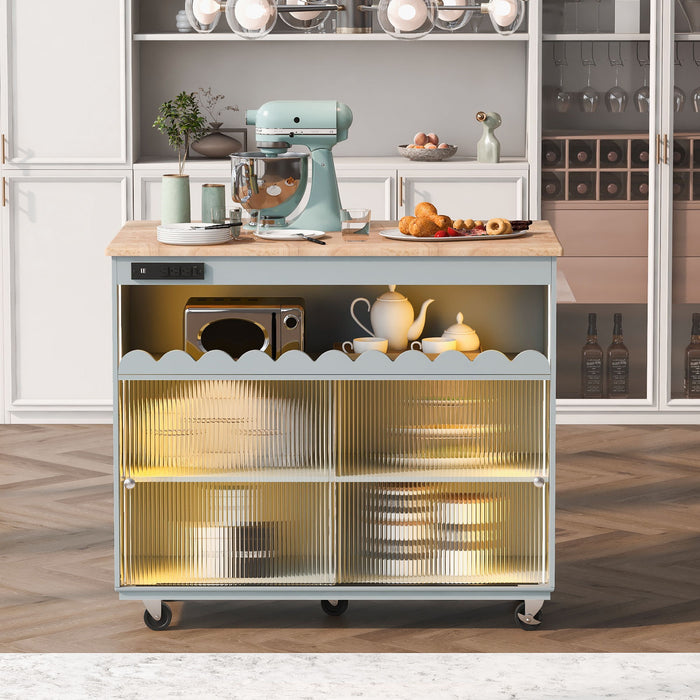 Kitchen Island With Drop Leaf, Led Light Kitchen Cart On Wheels With Power Outlets, 2 Sliding Fluted Glass Doors, Large Kitchen Island Cart With 2 Cabinet And 1 Open Shelf (Gray Blue)