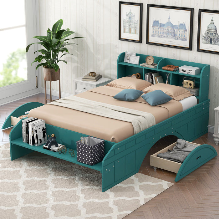 Wood Full Size Platform Bed With 2 Drawers, Storage Headboard And Footboard, Dark Green