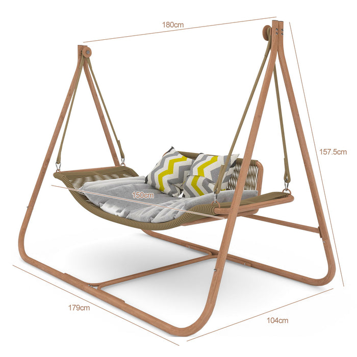Jese Hammock Swing Chair With Stand For Indoor, Outdoor, Anti - Rust Wood - Colored Frame 570 Lbs Capacity With Cushion Oversized Double Hammock Chair For Patio Balcony Bedroom