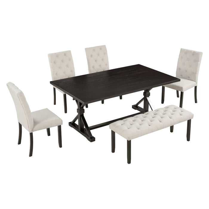 Trexm 6 Piece Farmhouse Dining Table Set 72" Wood Rectangular Table, 4 Upholstered Chairs With Bench (Espresso)