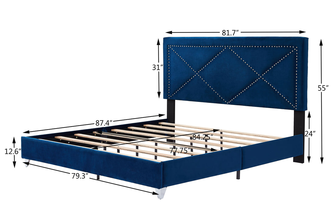 B109 King Bed .Beautiful Brass Studs Adorn The Headboard, Strong Wooden Slats And Metal Legs With Electroplate - Blue