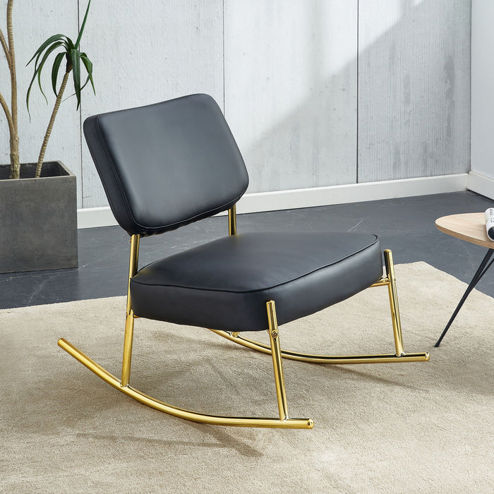 PU Material Cushioned Rocking Chair, Unique Rocking Chair, Cushioned Seat, Black Backrest Rocking Chair, And Gold Metal Legs Comfortable Side Chairs In The Living Room, Bedroom, And Office