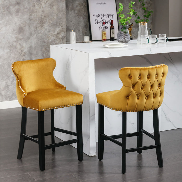 A&A Furniture, Contemporary Upholstered Wing - Back Barstools With Button Tufted Decoration And Wooden Legs, And Chrome Nailhead Trim, Leisure Style Bar Chairs, Bar Stools (Set of 2) Gold