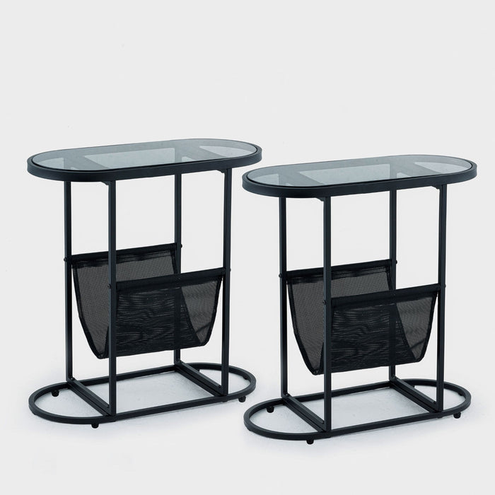 Set of Two Glass Top Oval End Table With Power Coating Frame With Perfect Storage Space