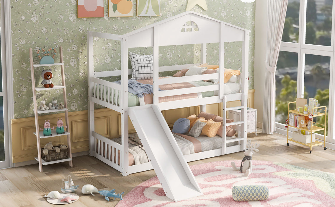 Twin Over Twin House Bunk Bed, Convertible Slide And Ladder, Converts Into 2 Separate Platform Beds - White