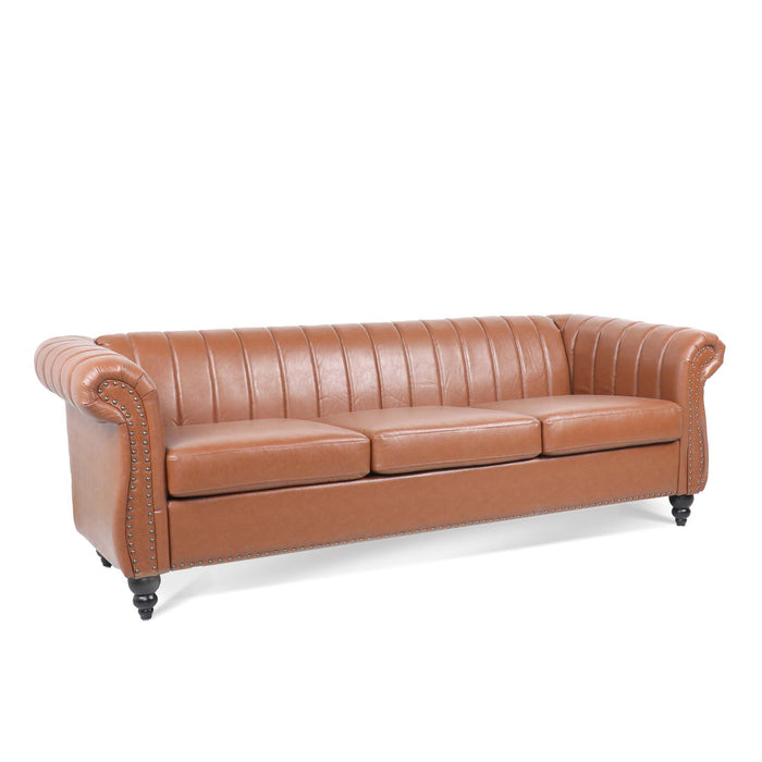 83.46" Brown PU Rolled Arm Chesterfield Three Seater Sofa