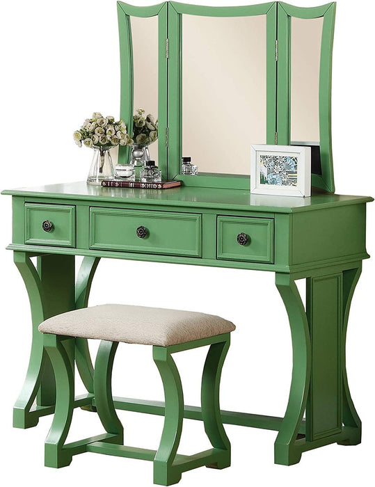 Unique Modern Bedroom Vanity Set Stool Foldable Mirror Drawers Apple Green Color MDF Veneer 1 Piece Vanity Furniture